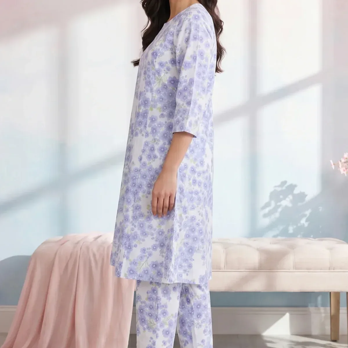 White Floral Printed Pure Cotton A-line Kurta with Pants Co-ord Set, photo 4 of 4