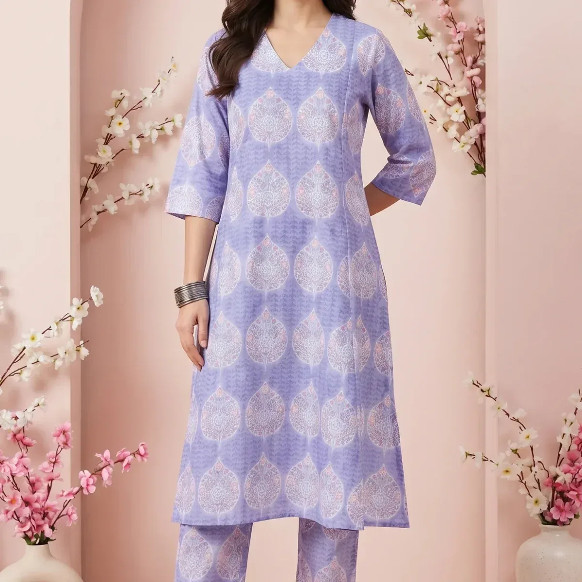 Lavender Floral Printed Cotton Blend A-line Kurta with Pants Co-ord Set, photo 1 of 4