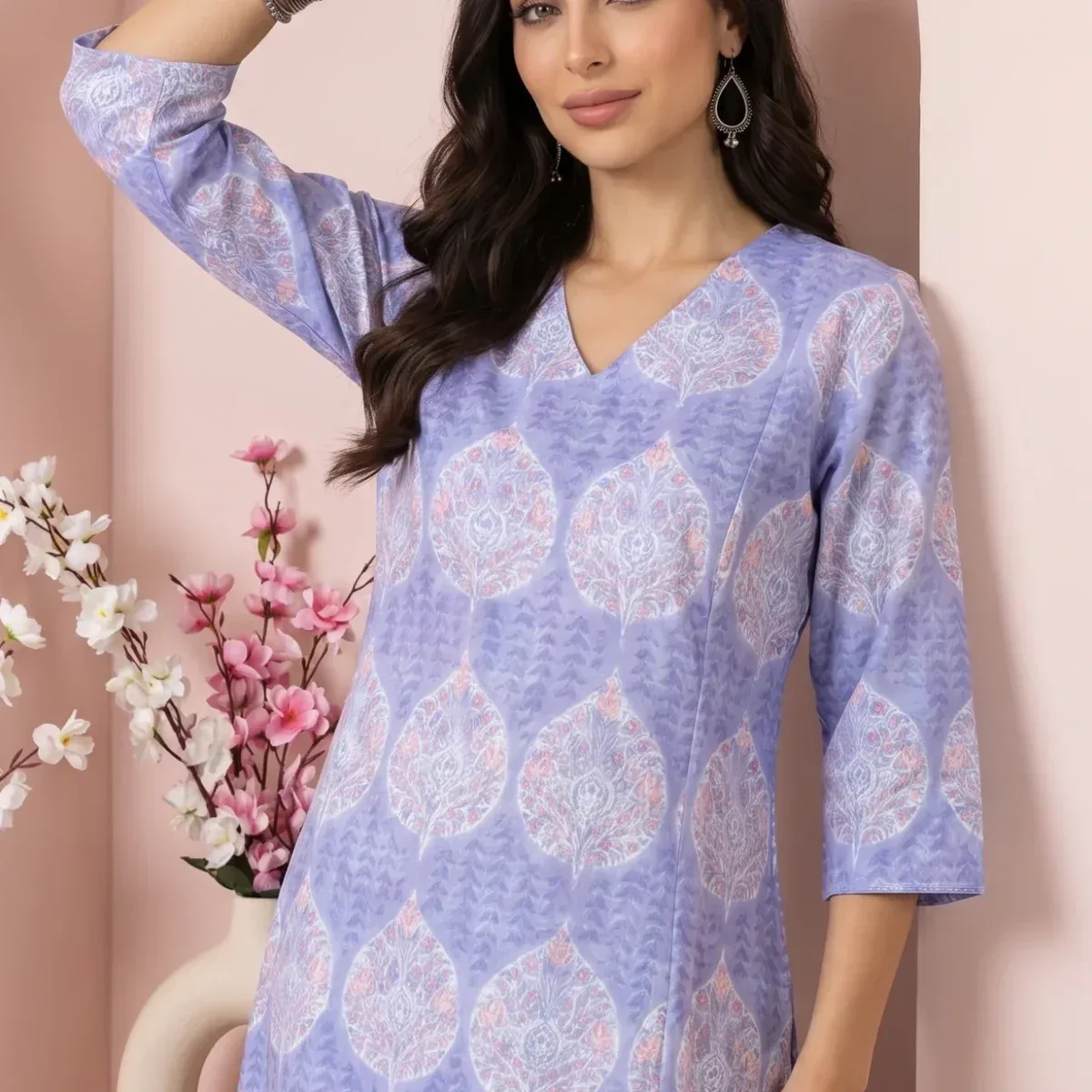 Lavender Floral Printed Cotton Blend A-line Kurta with Pants Co-ord Set, photo 2 of 4