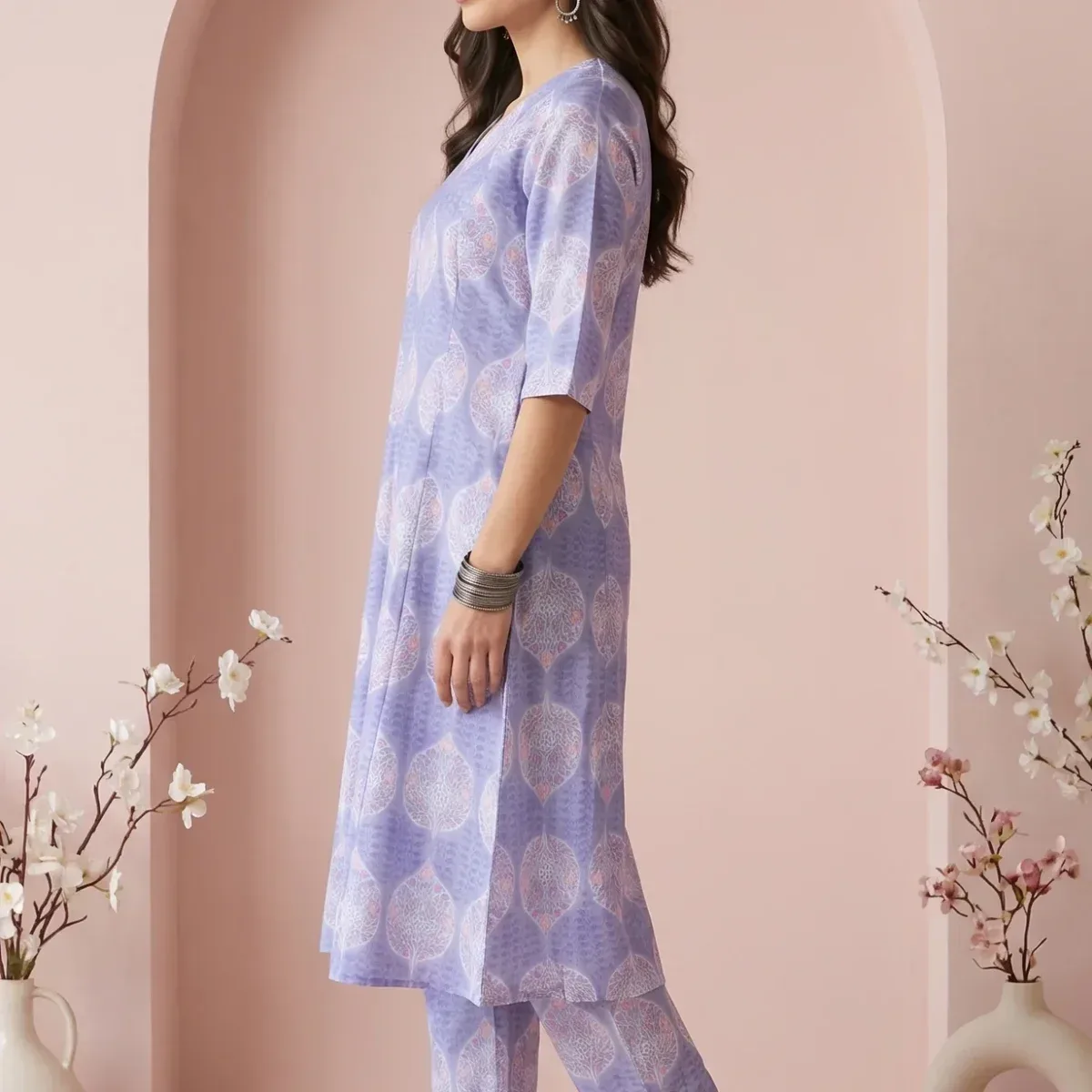 Lavender Floral Printed Cotton Blend A-line Kurta with Pants Co-ord Set, photo 4 of 4