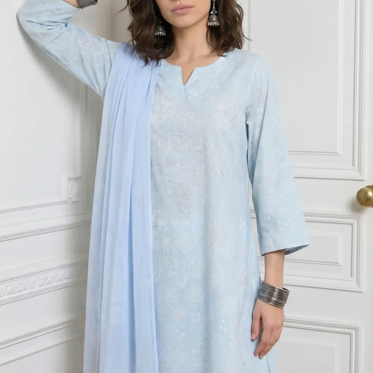Blue Floral Printed Pure Cotton Straight Kurta With Pants and Dupatta Set, photo 1 of 4