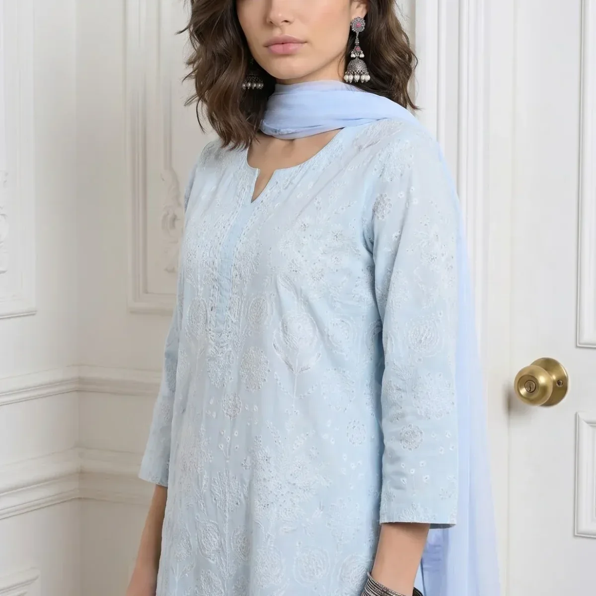Blue Floral Printed Pure Cotton Straight Kurta With Pants and Dupatta Set, photo 2 of 4