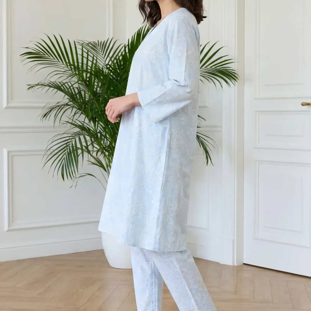 Blue Floral Printed Pure Cotton Straight Kurta With Pants and Dupatta Set, photo 4 of 4