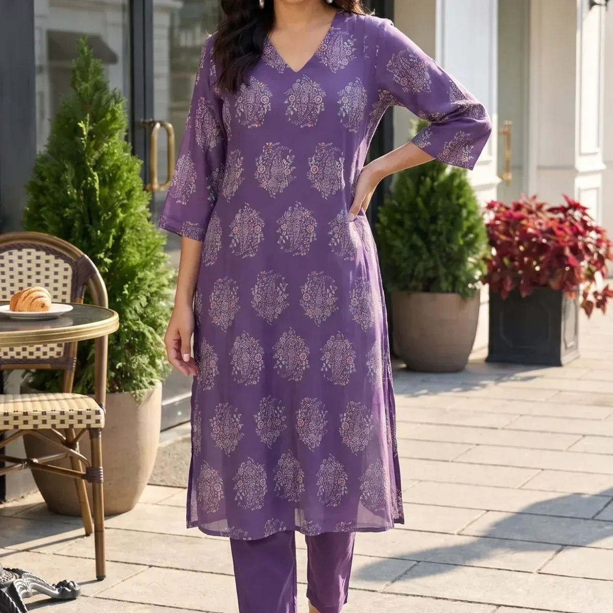 Purple Floral Printed Rayon A-line Kurta with Pants Co-ord Set, photo 1 of 4