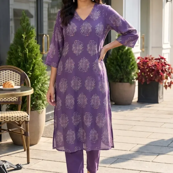 Purple Floral Printed Rayon A-line Kurta with Pants Co-ord Set
