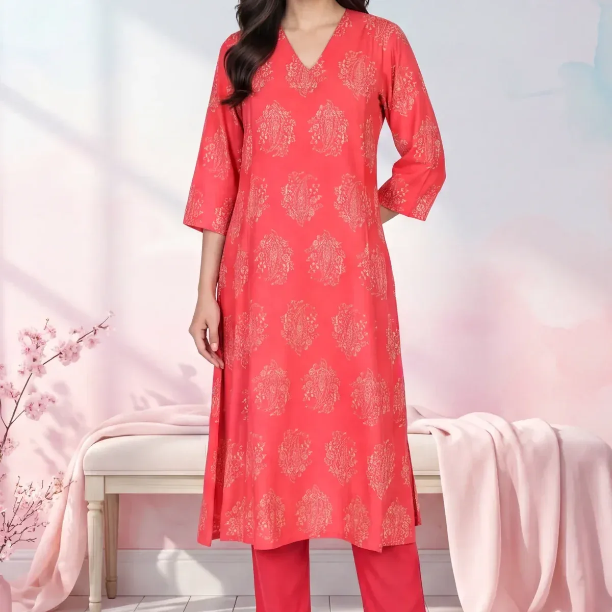 Red Floral Printed Flared Kurta with Pants Set, photo 1 of 4
