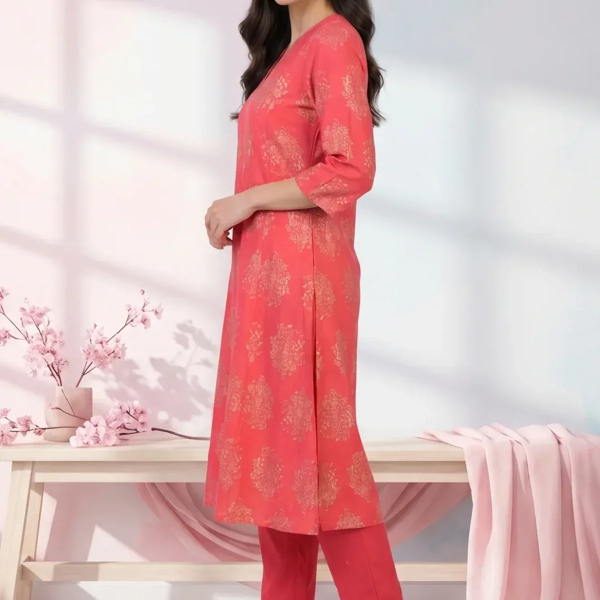 Red Floral Printed Flared Kurta with Pants Set, photo 4 of 4