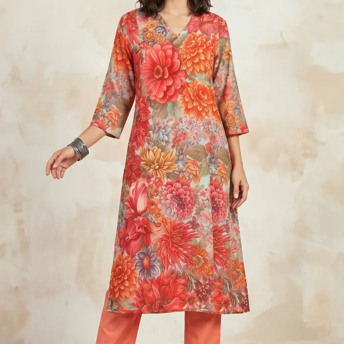Multi-colour Floral Printed Rayon A-line Kurta with A-line Pants Set, photo 1 of 4