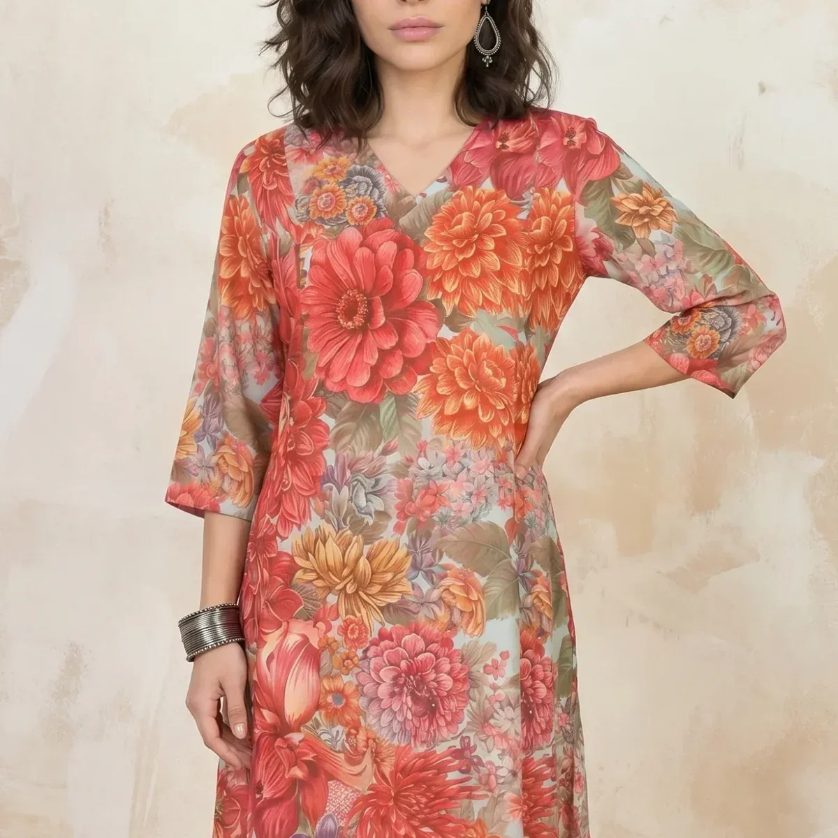 Multi-colour Floral Printed Rayon A-line Kurta with A-line Pants Set, photo 2 of 4