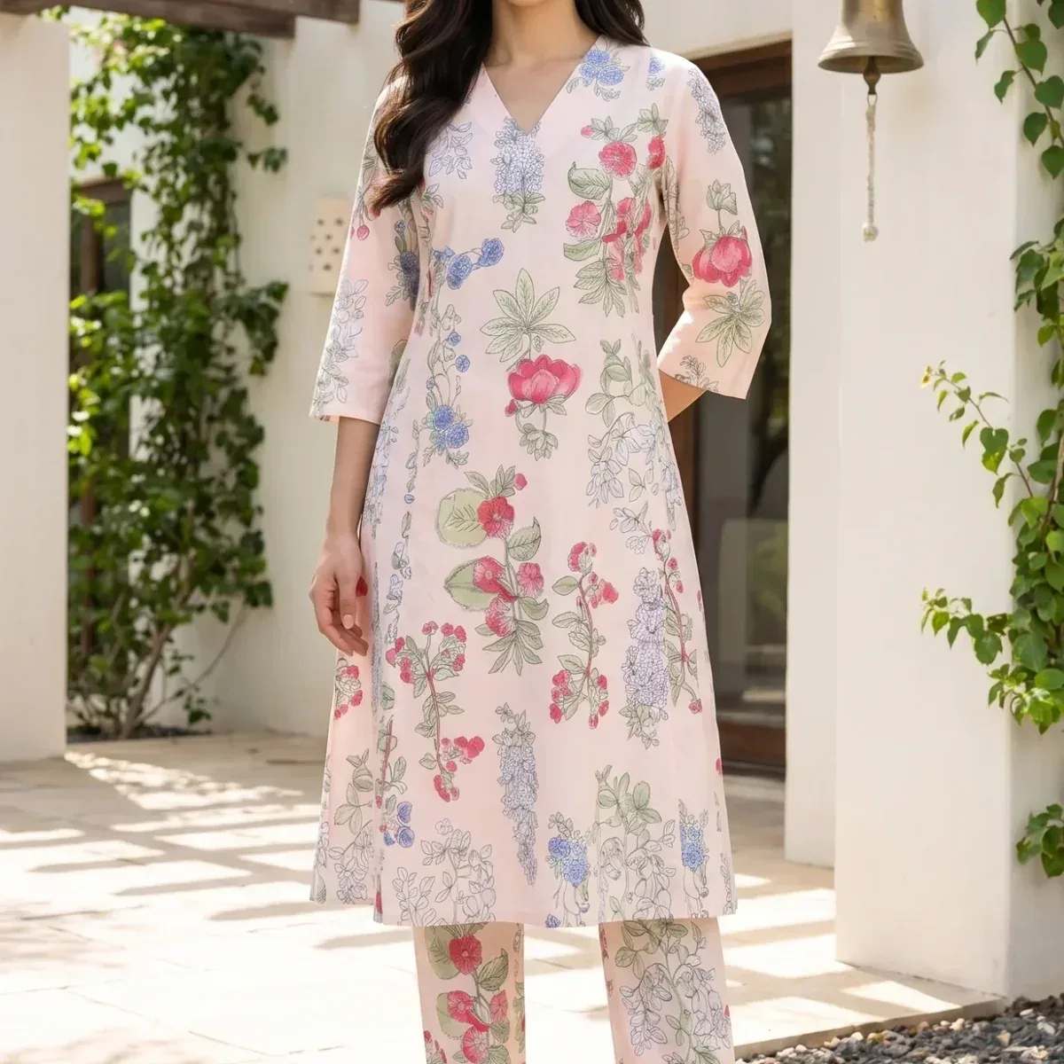 Peach Floral Printed Pure Cotton A-line Kurta with Pants Co-ord Set, photo 1 of 4