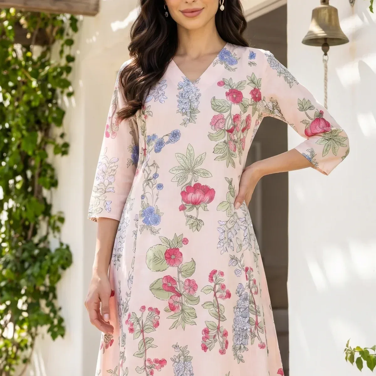 Peach Floral Printed Pure Cotton A-line Kurta with Pants Co-ord Set, photo 2 of 4