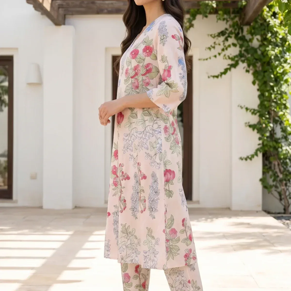 Peach Floral Printed Pure Cotton A-line Kurta with Pants Co-ord Set, photo 4 of 4