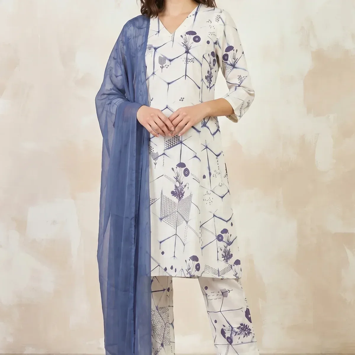 Off White Geometric Printed Pure Cotton Straight Kurta With Pants and Dupatta Set, photo 1 of 4