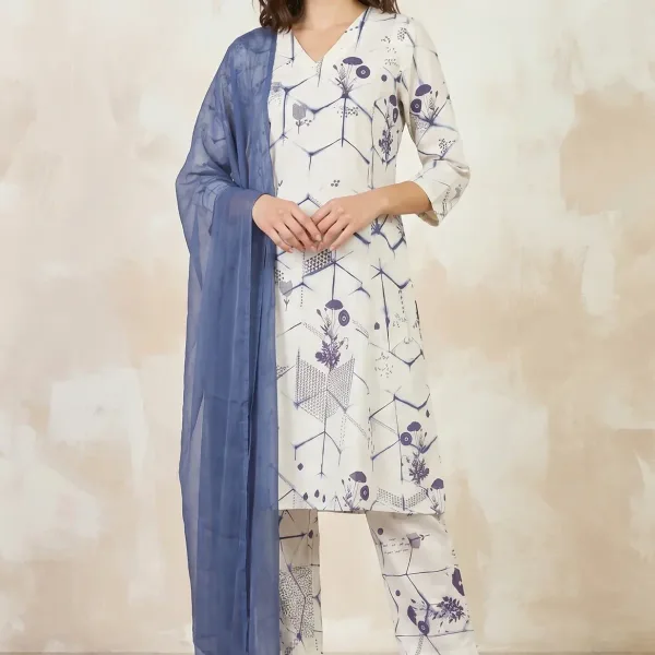 Off White Geometric Printed Pure Cotton Straight Kurta With Pants and Dupatta Set