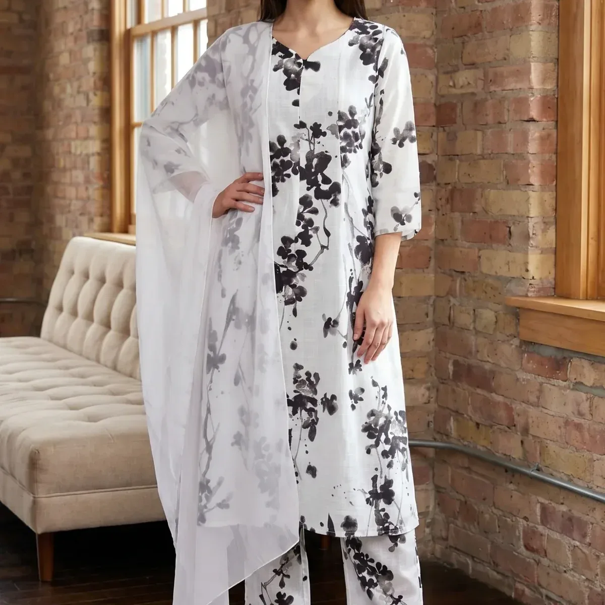 White Floral Printed Pure Cotton Straight Kurta With Pants and Dupatta Set, photo 1 of 4