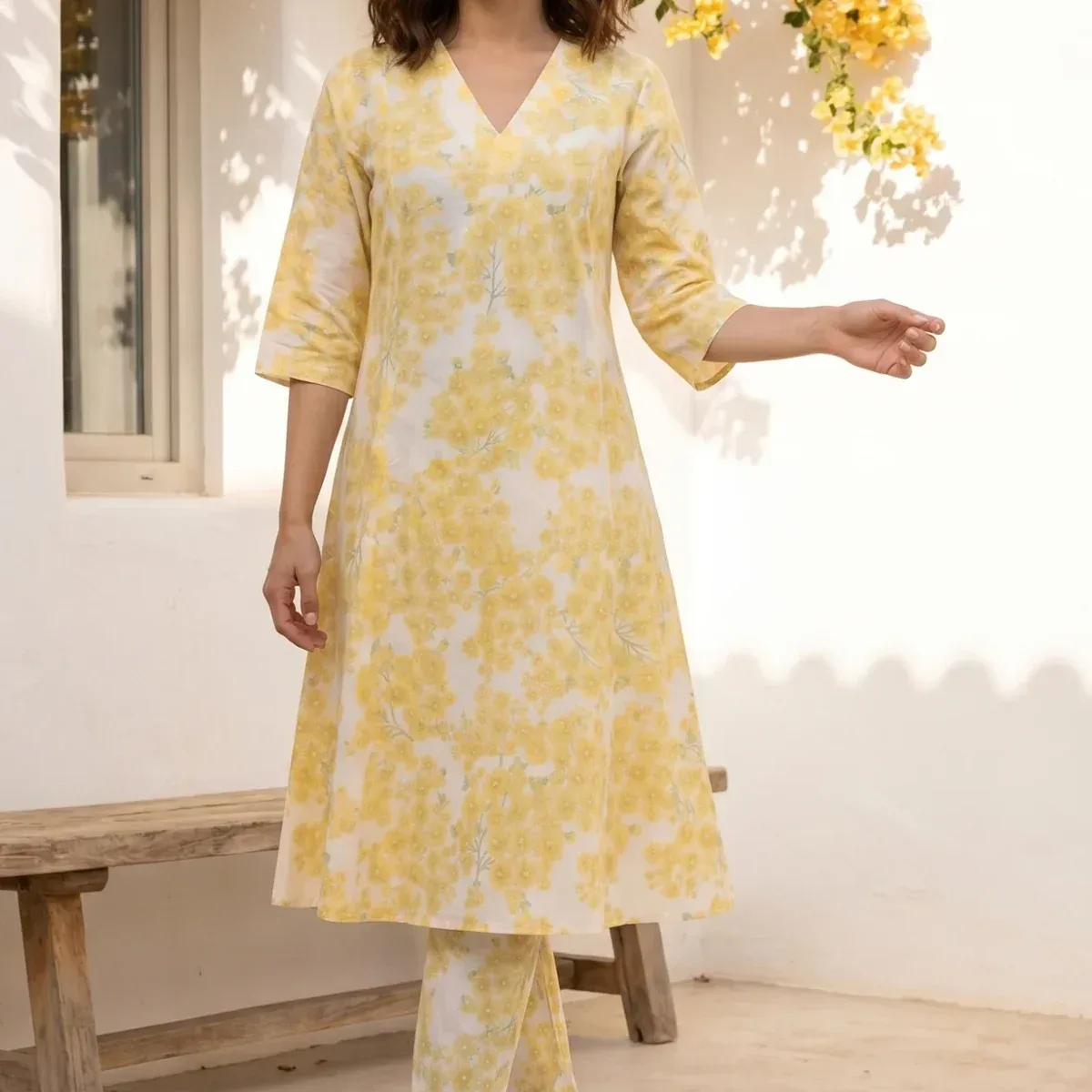 Off-White and Yellow Floral Printed Pure Cotton A-line Kurta with Pants Co-ord Set, photo 1 of 4