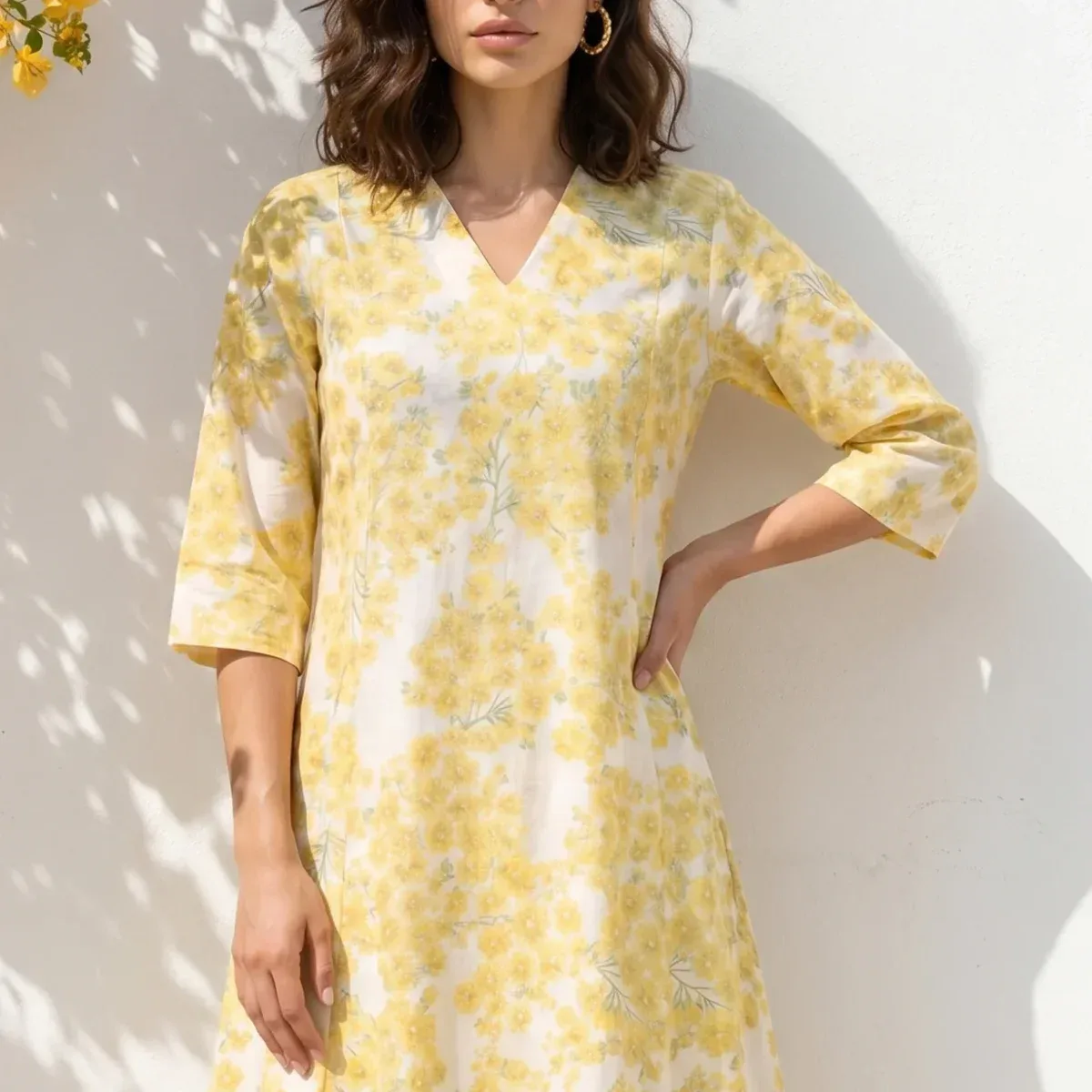 Off-White and Yellow Floral Printed Pure Cotton A-line Kurta with Pants Co-ord Set, photo 2 of 4