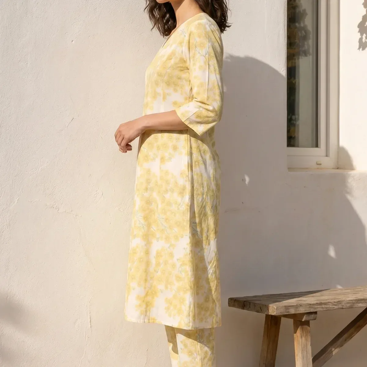 Off-White and Yellow Floral Printed Pure Cotton A-line Kurta with Pants Co-ord Set, photo 4 of 4