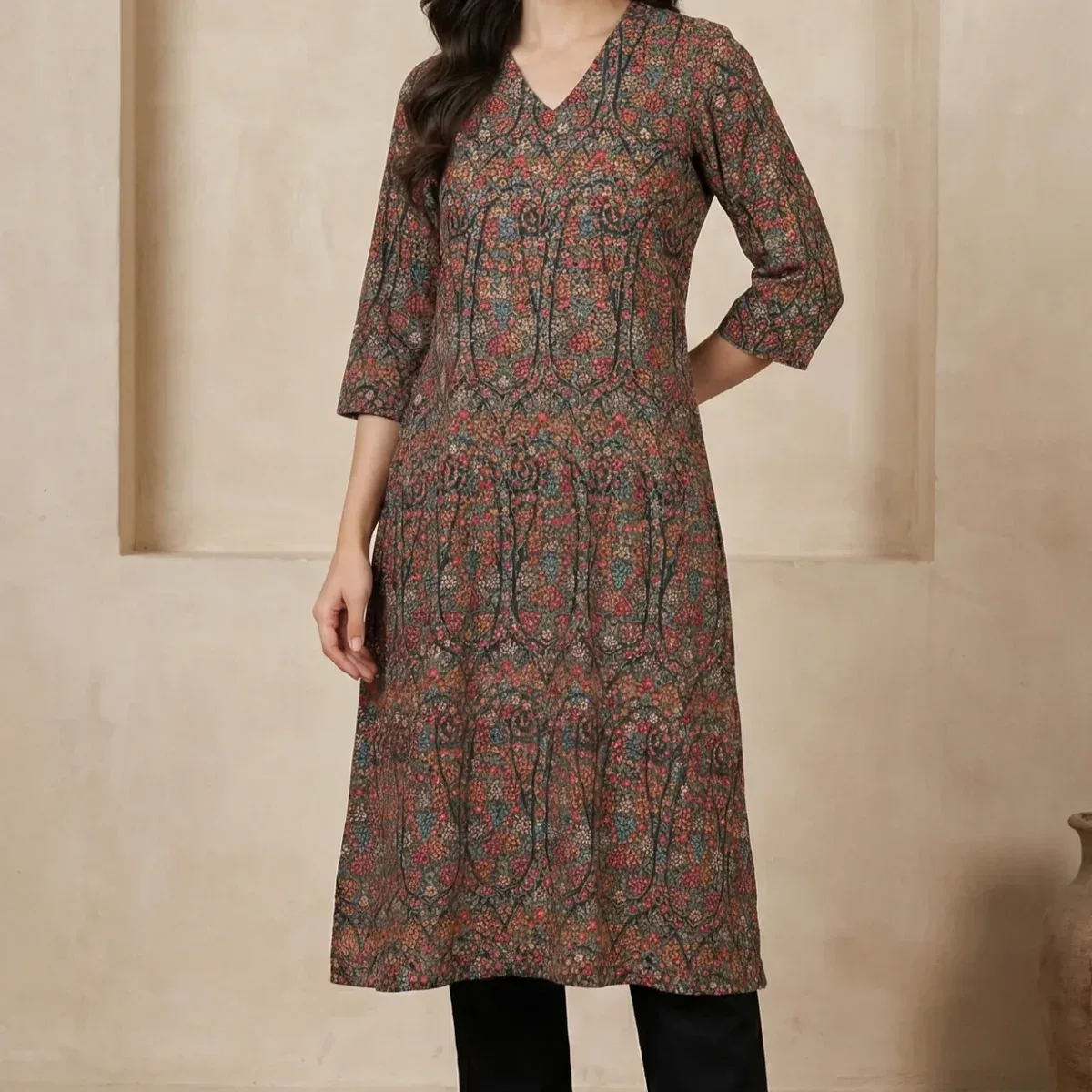 Black Floral Printed A-line Kurta with Pants Set, photo 1 of 4