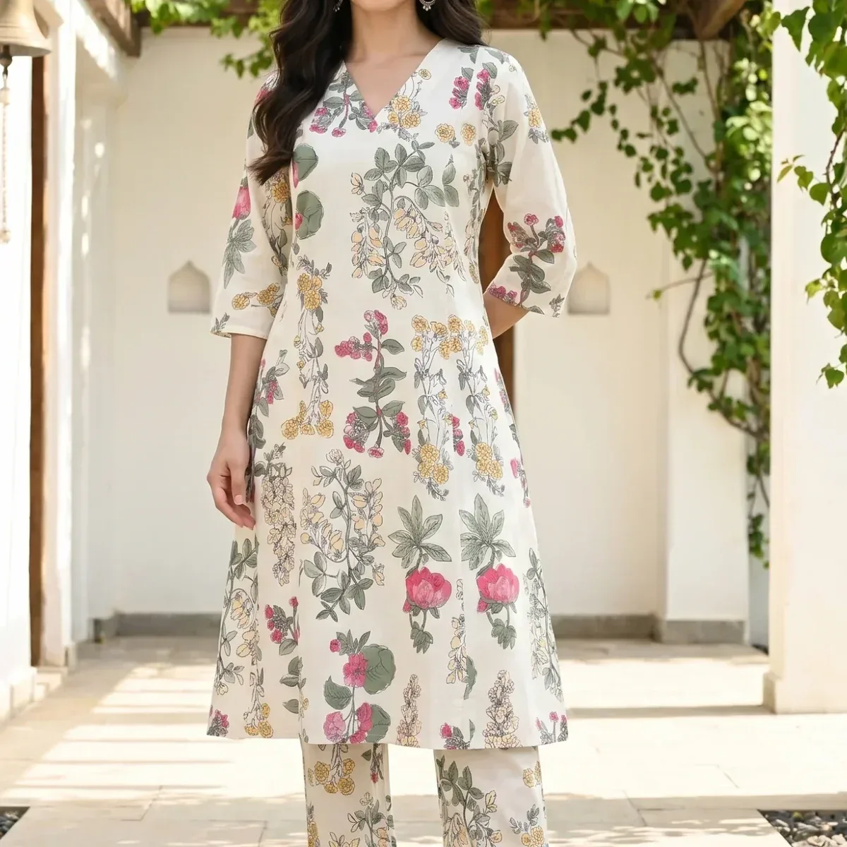 Off White Floral Printed Pure Cotton A-line Kurta with Pants Co-ord Set, photo 1 of 4