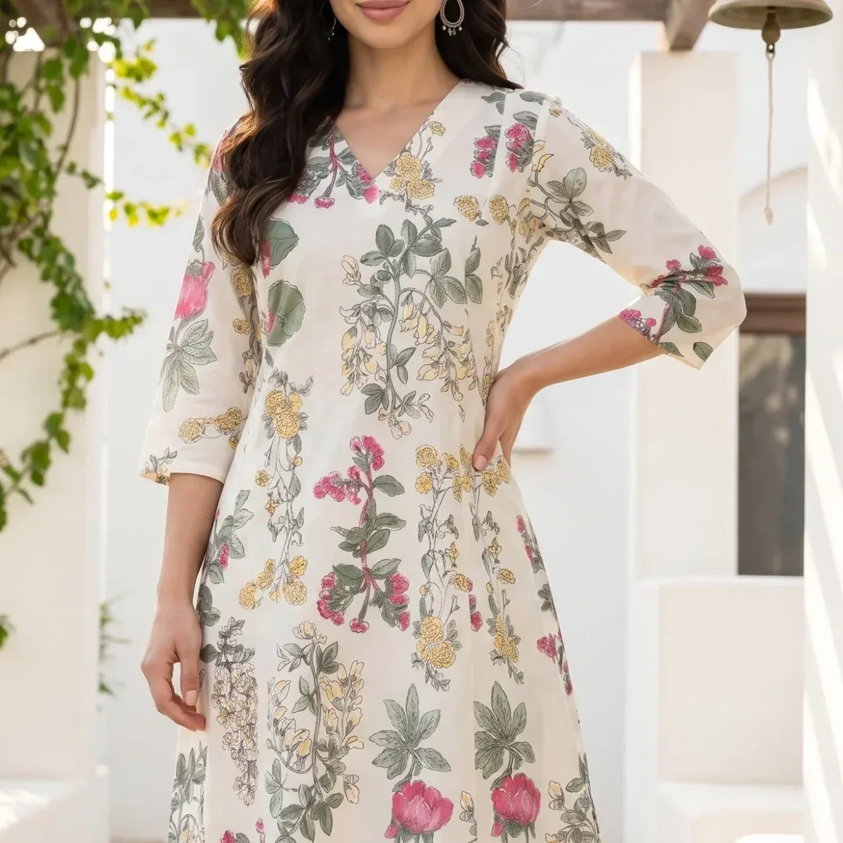 Off White Floral Printed Pure Cotton A-line Kurta with Pants Co-ord Set, photo 2 of 4