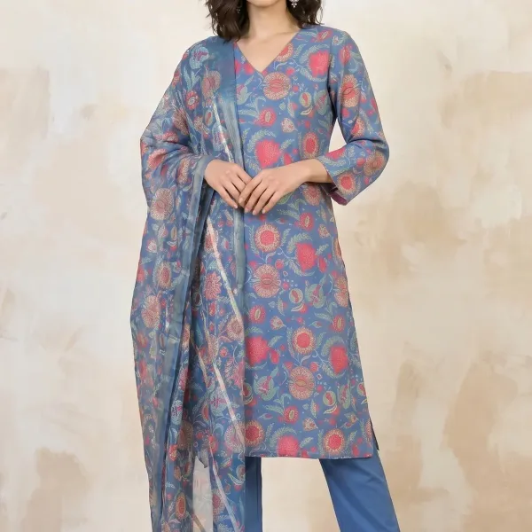 Blue Floral Printed Rayon Straight Kurta With Pants and Dupatta Set