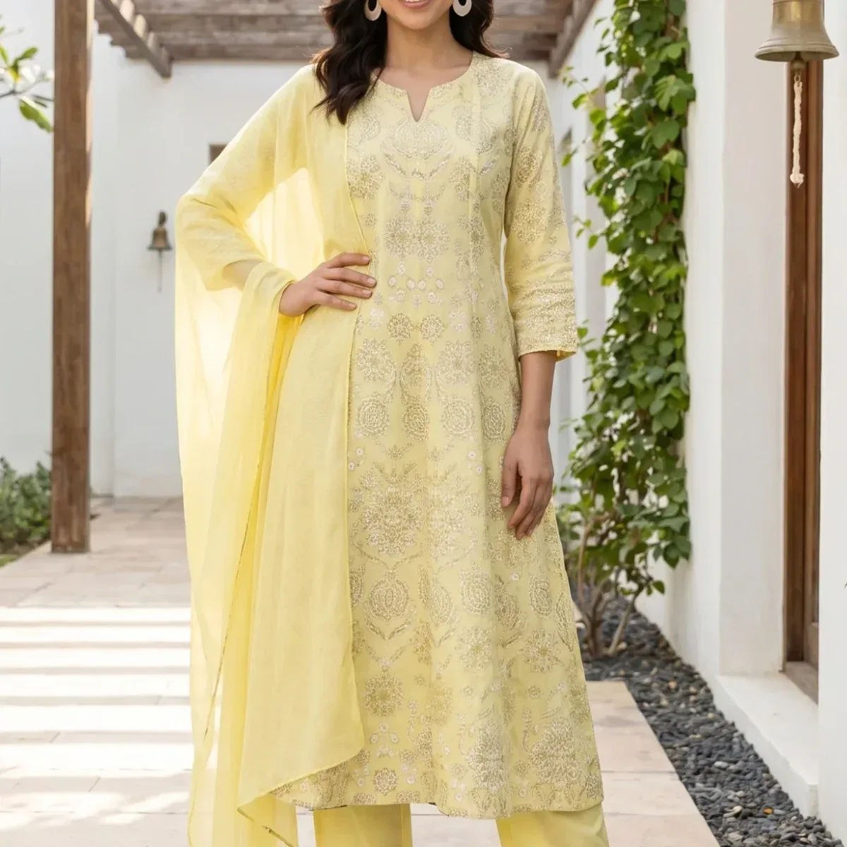 Light Yellow Floral Printed Pure Cotton Straight Kurta With Pants and Dupatta Set, photo 1 of 4