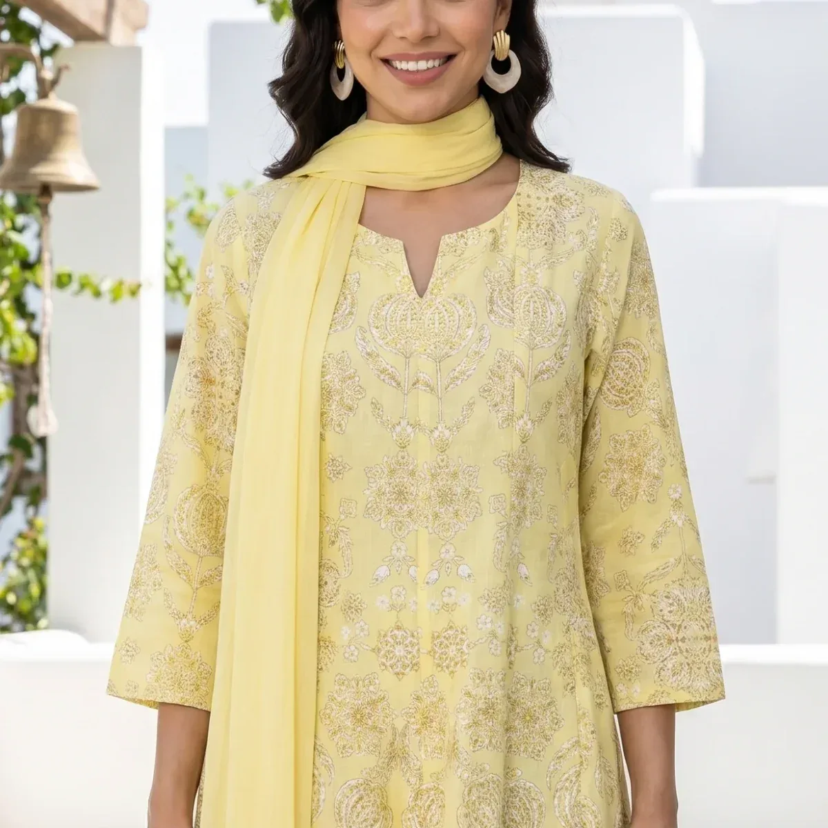 Light Yellow Floral Printed Pure Cotton Straight Kurta With Pants and Dupatta Set, photo 2 of 4