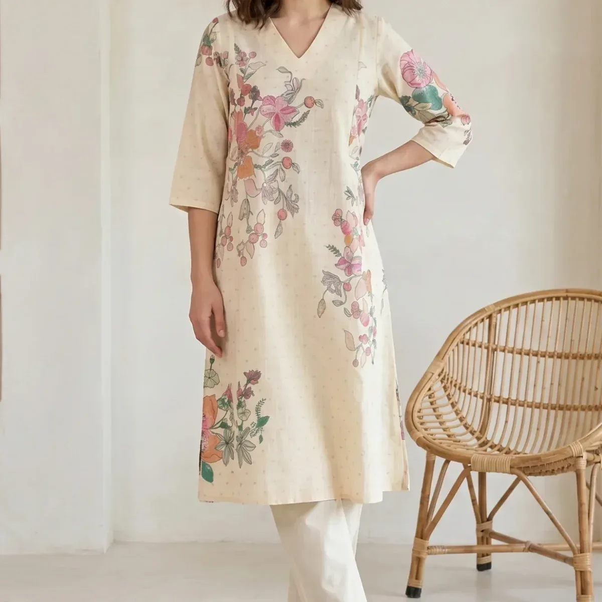Beige Floral Printed Pure Cotton A-line Kurta with Pants Co-ord Set, photo 1 of 4