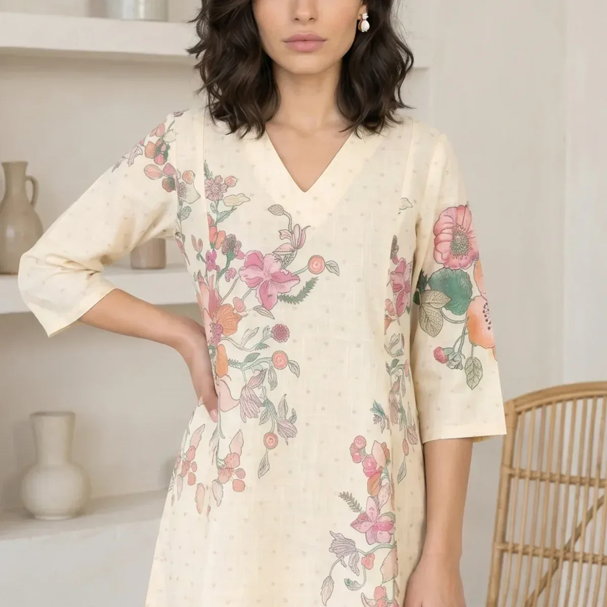 Beige Floral Printed Pure Cotton A-line Kurta with Pants Co-ord Set, photo 2 of 4