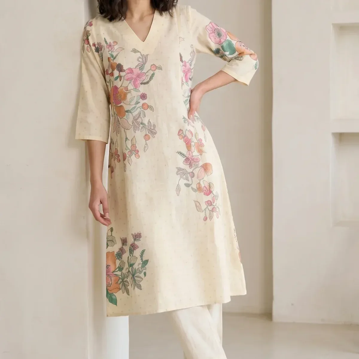 Beige Floral Printed Pure Cotton A-line Kurta with Pants Co-ord Set, photo 4 of 4