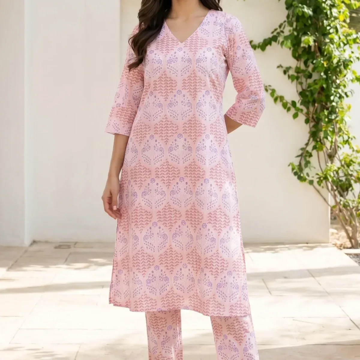 Pink Floral Printed Pure Cotton A-line Kurta with Pants Co-ord Set, photo 1 of 4