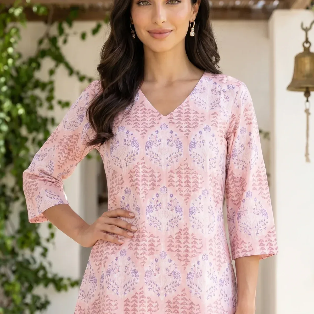 Pink Floral Printed Pure Cotton A-line Kurta with Pants Co-ord Set, photo 2 of 4