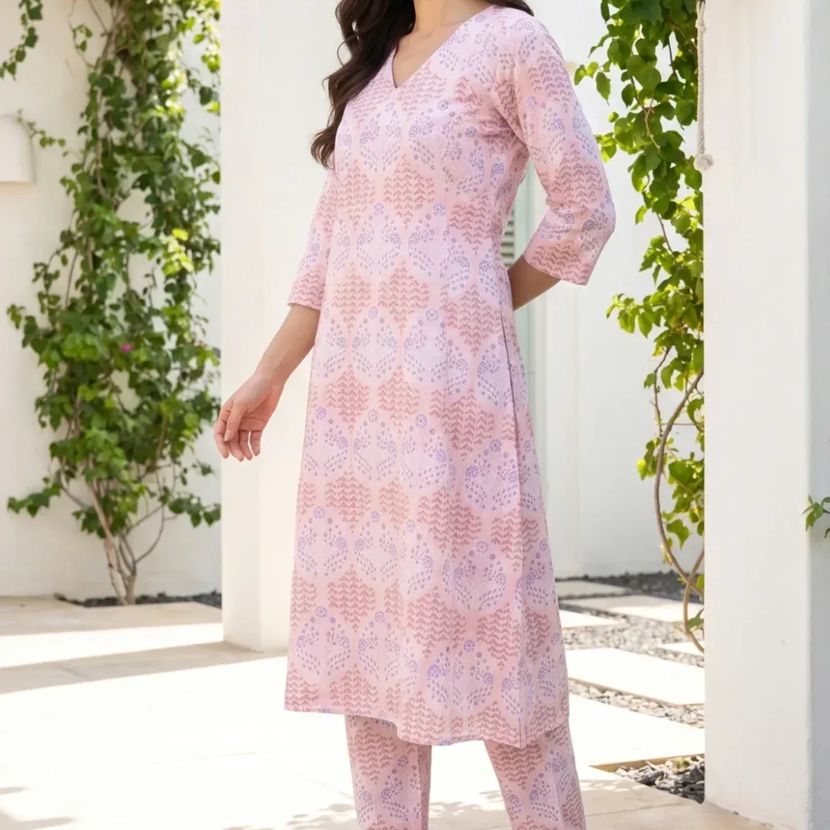 Pink Floral Printed Pure Cotton A-line Kurta with Pants Co-ord Set, photo 4 of 4