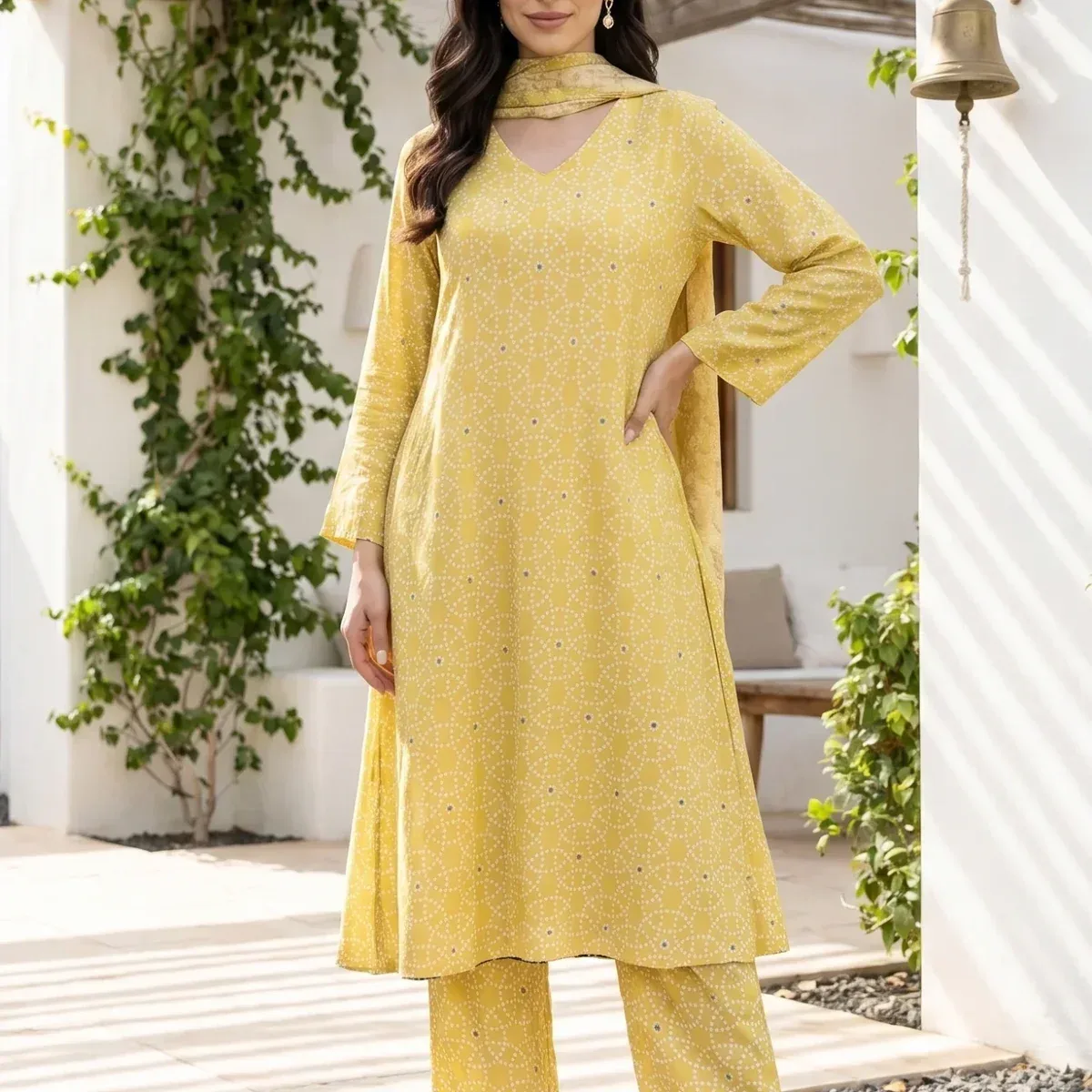 Mustard Geometric Printed Rayon Straight Kurta With Pants and Dupatta Set, photo 1 of 4