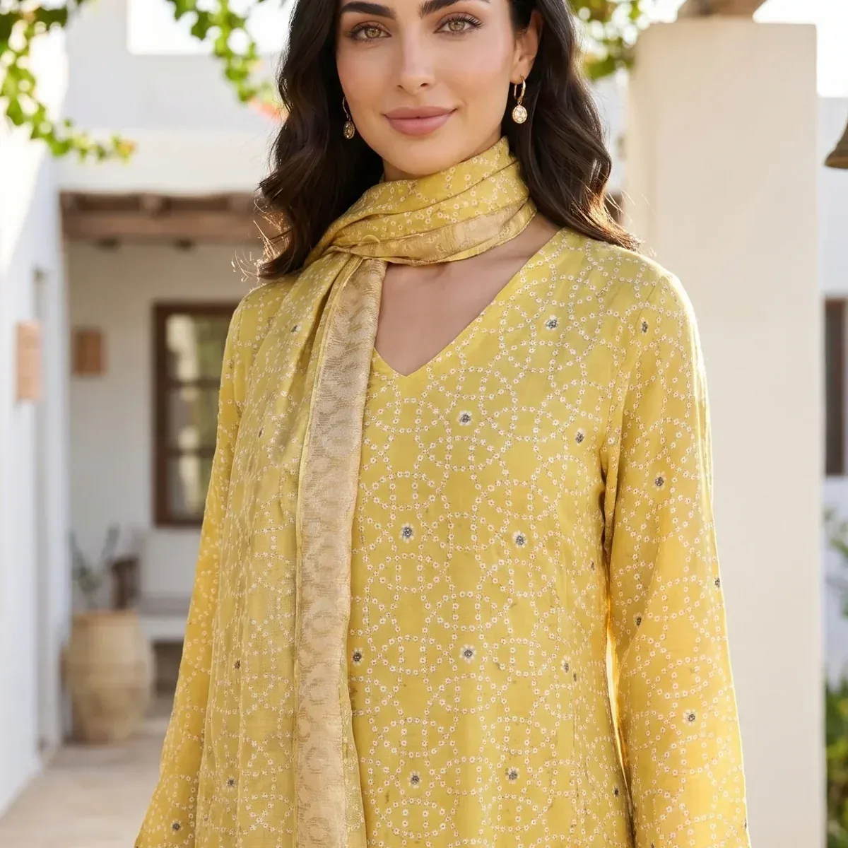 Mustard Geometric Printed Rayon Straight Kurta With Pants and Dupatta Set, photo 2 of 4