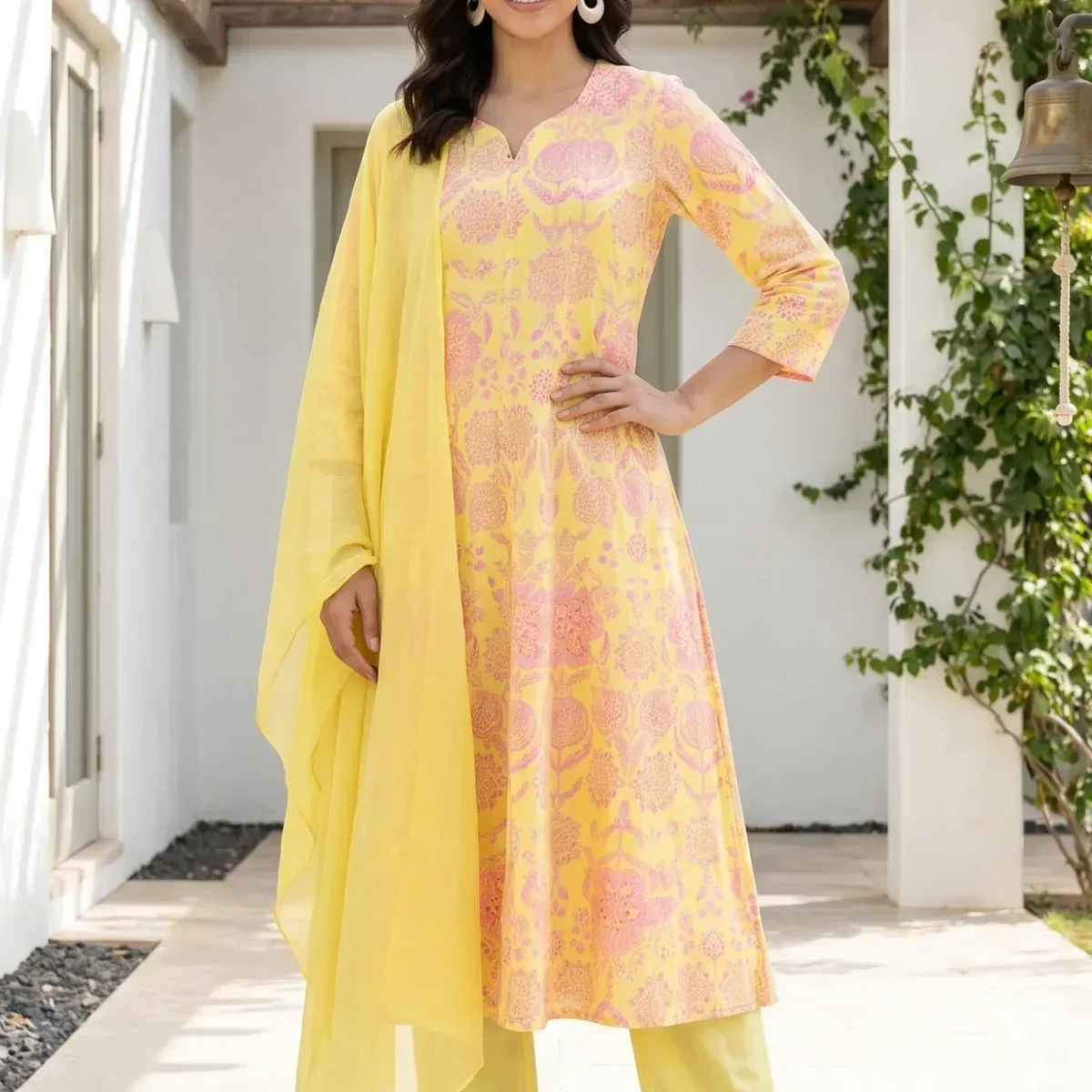 Yellow Floral Printed Pure Cotton Flared Kurta With Pants and Dupatta Set, photo 1 of 4
