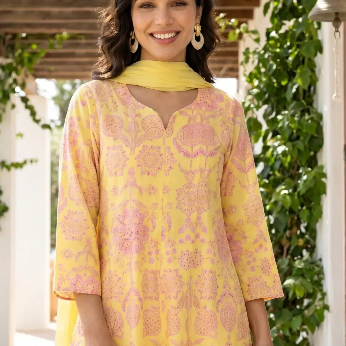 Yellow Floral Printed Pure Cotton Flared Kurta With Pants and Dupatta Set, photo 2 of 4