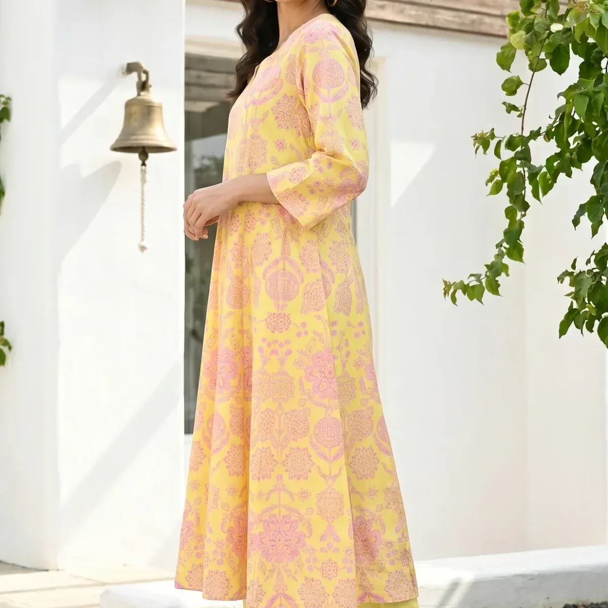 Yellow Floral Printed Pure Cotton Flared Kurta With Pants and Dupatta Set, photo 4 of 4