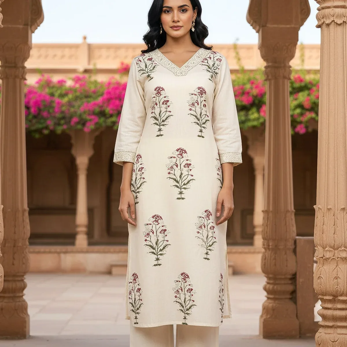 Graceful Ivory Floral Printed Kurta Set with Lace Border Detailing, photo 1 of 4