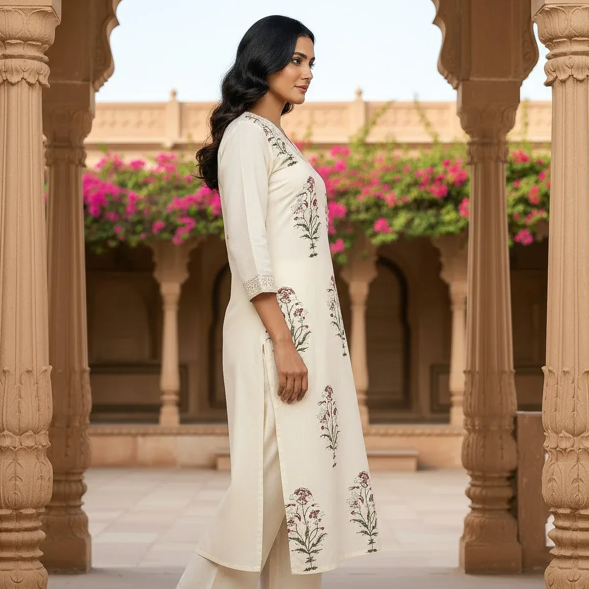 Graceful Ivory Floral Printed Kurta Set with Lace Border Detailing, photo 2 of 4