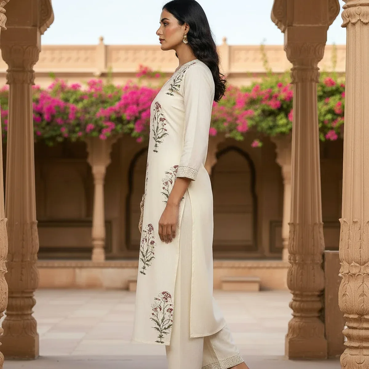 Graceful Ivory Floral Printed Kurta Set with Lace Border Detailing, photo 3 of 4