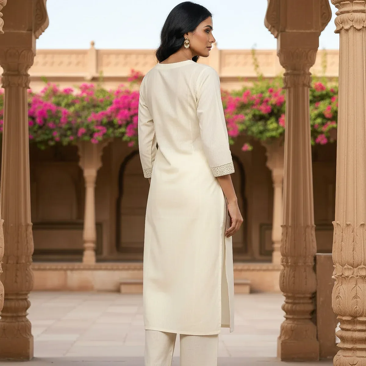 Graceful Ivory Floral Printed Kurta Set with Lace Border Detailing, photo 4 of 4