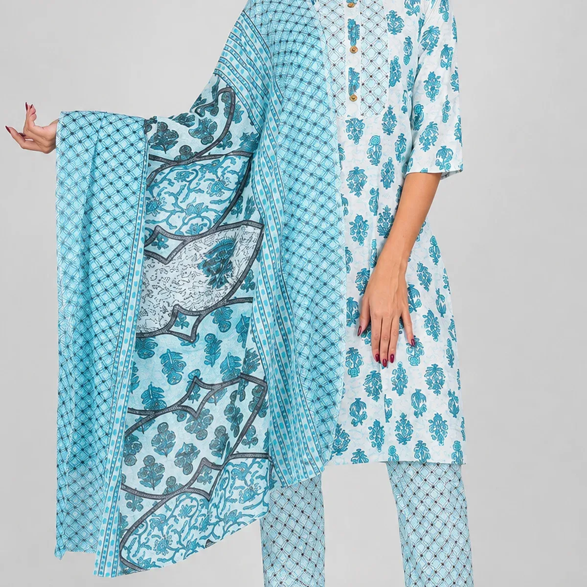 Sky Blue Hand Block Print Cotton Suit Set, photo 2 of 4