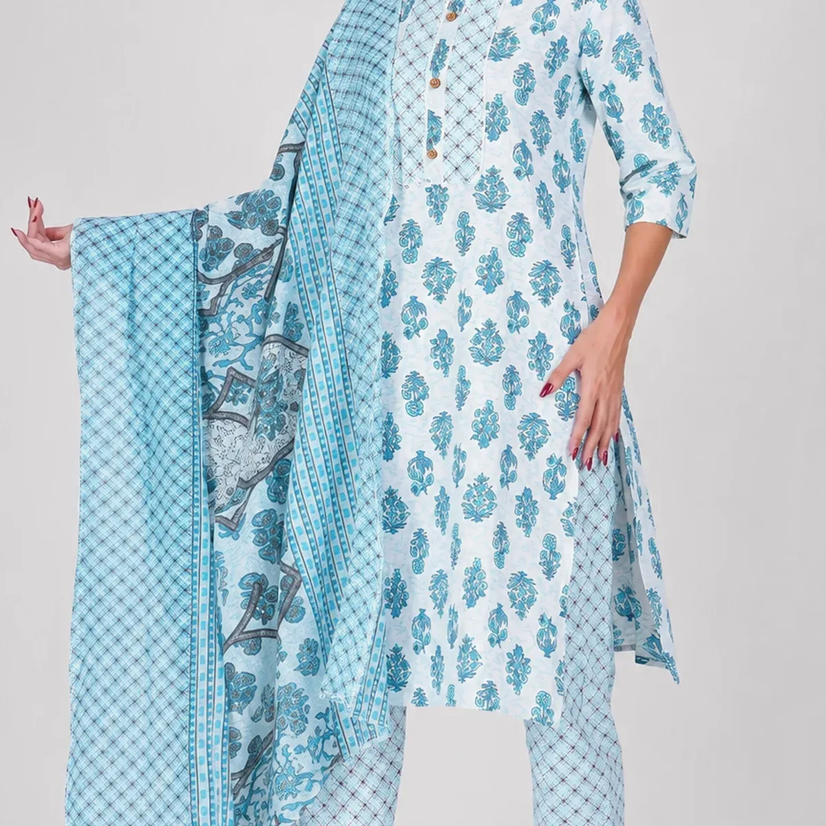 Sky Blue Hand Block Print Cotton Suit Set, photo 3 of 4