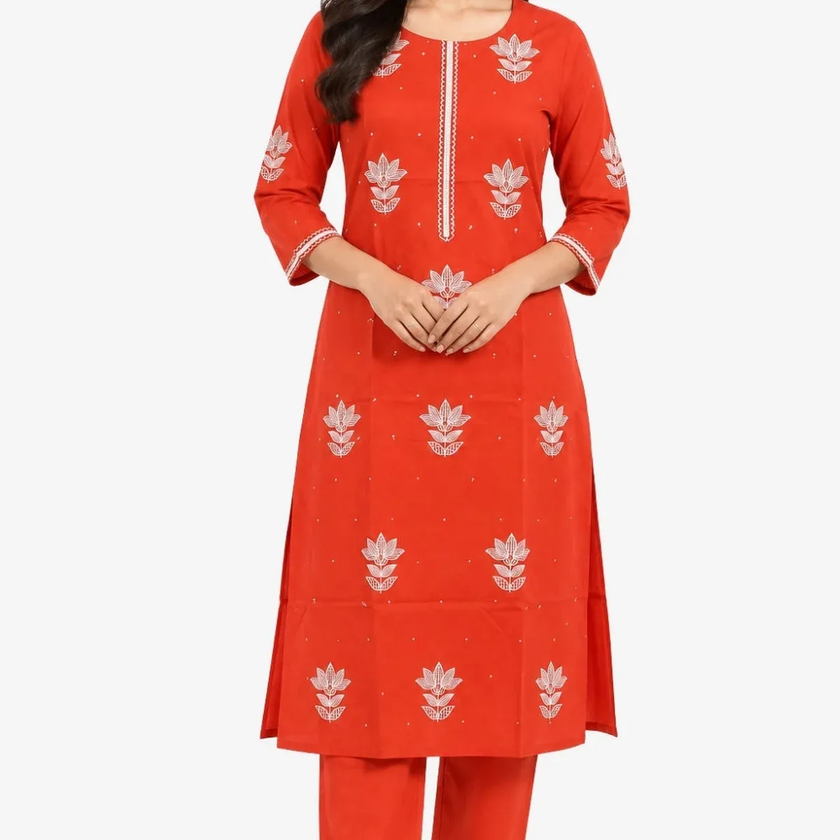 Women's Prints Cotton Blend Kurta Set with Mandarin Collar and 3/4 Sleeve - Below Knee | Everyday Ethnic Wear , photo 1 of 4
