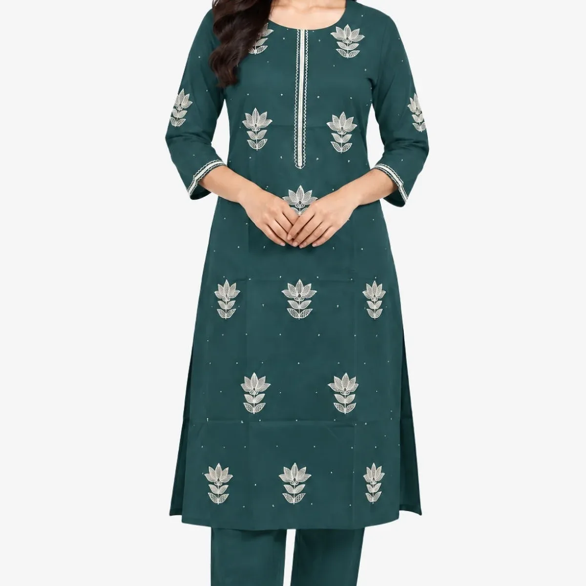 Women's Prints Cotton Blend Kurta Set with Mandarin Collar and 3/4 Sleeve - Below Knee | Everyday Ethnic Wear , photo 4 of 4