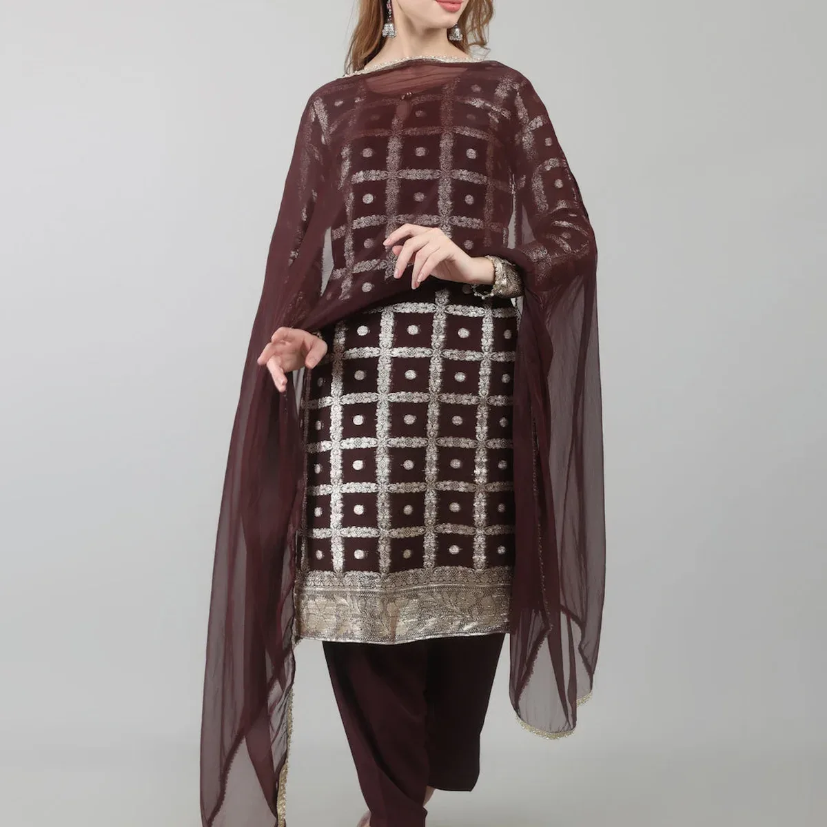 Brown Colour Georgette Jacquard Suit Set, photo 1 of 4