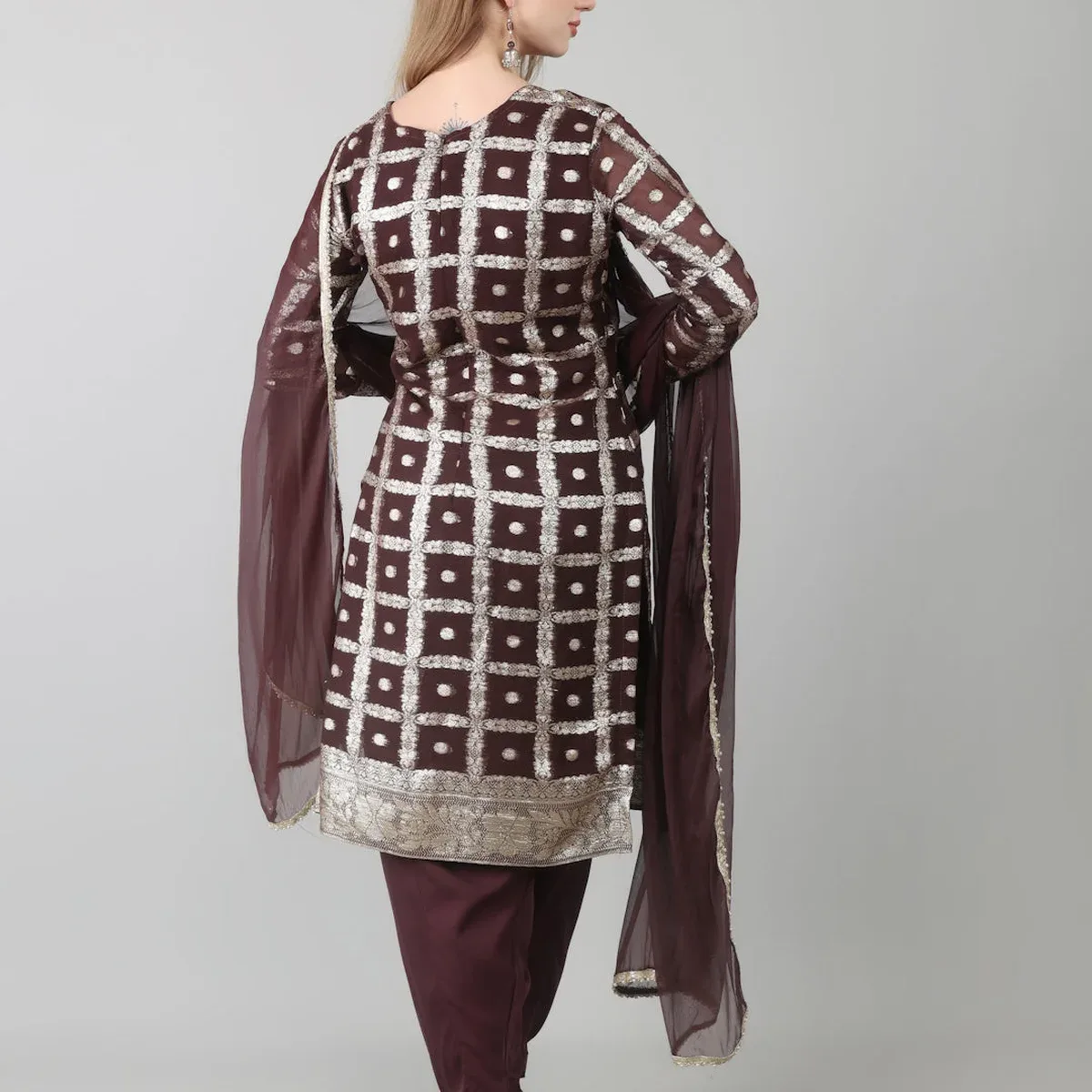 Brown Colour Georgette Jacquard Suit Set, photo 2 of 4
