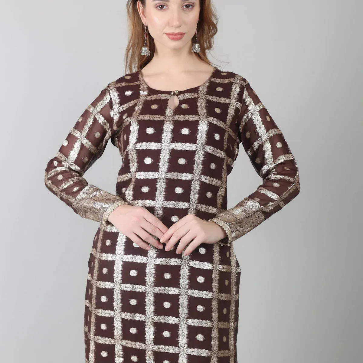 Brown Colour Georgette Jacquard Suit Set, photo 3 of 4